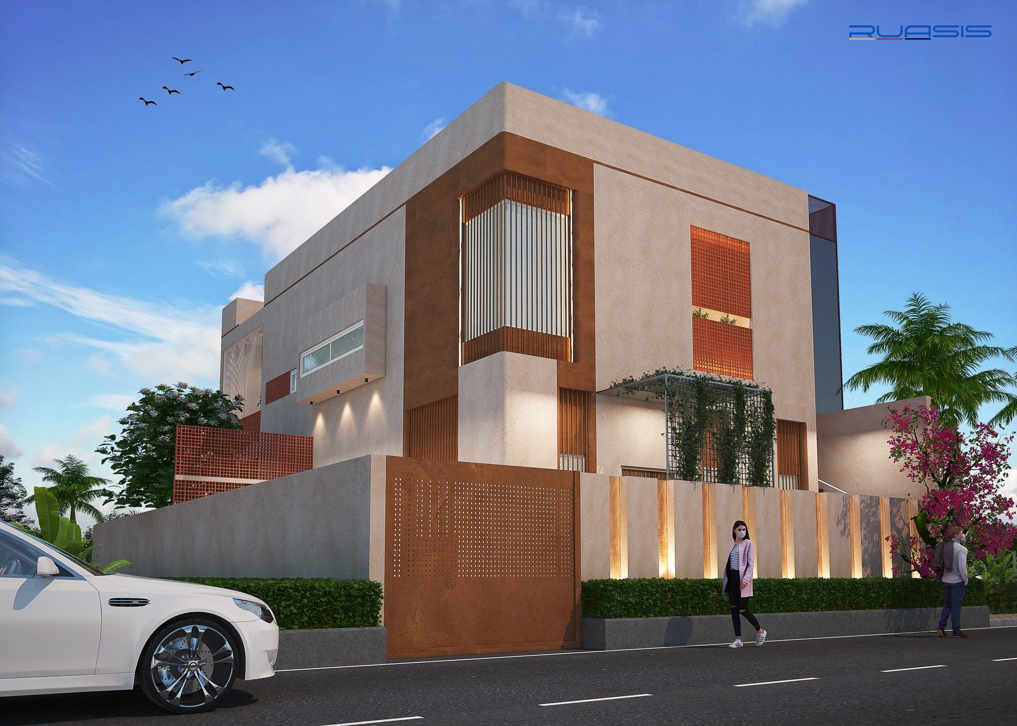 One and Half residence, Nellore — plastered volumes with terracotta perforated screens
