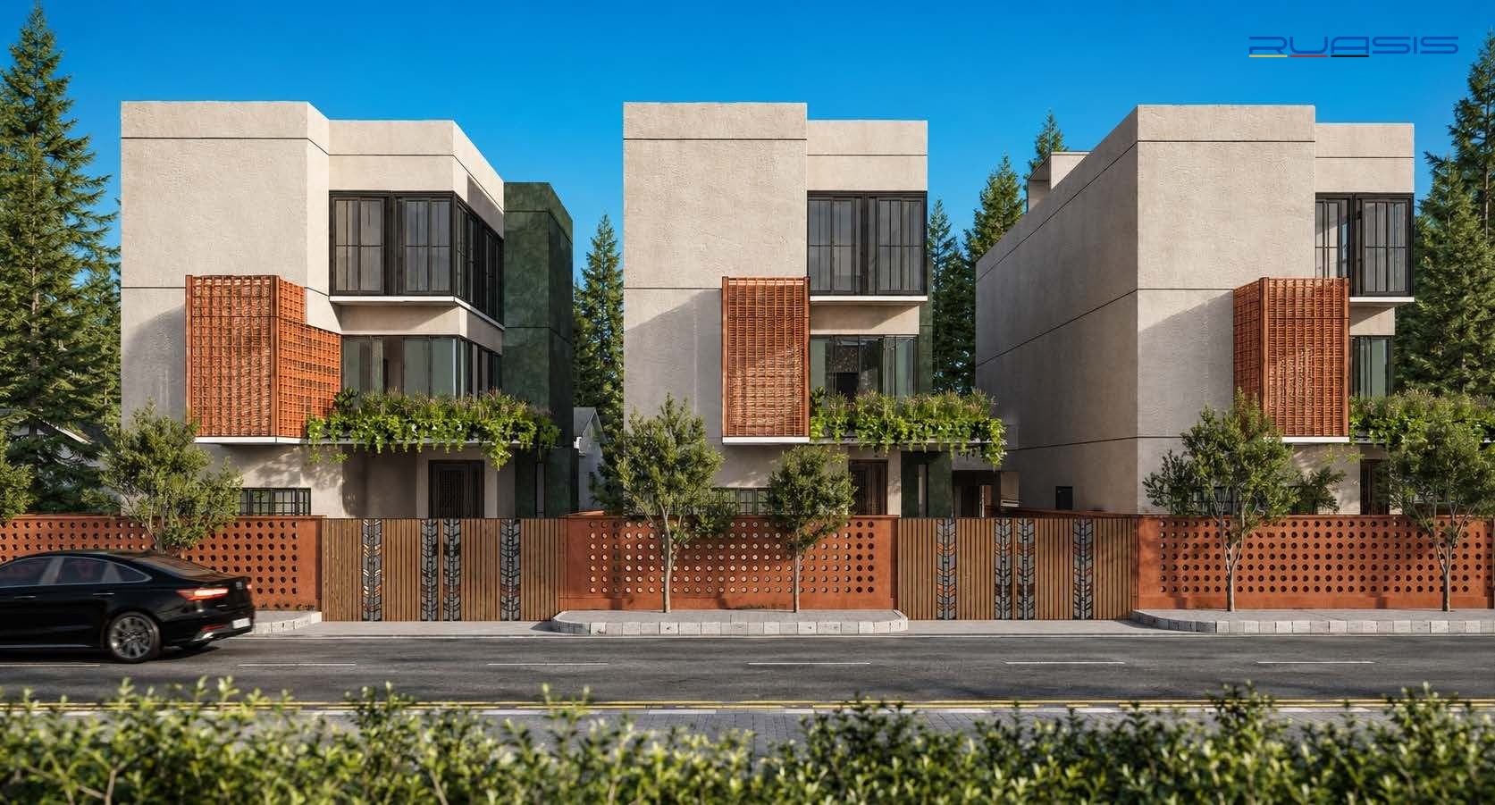 Escape Land gated villa community — terracotta screened facades among pine trees